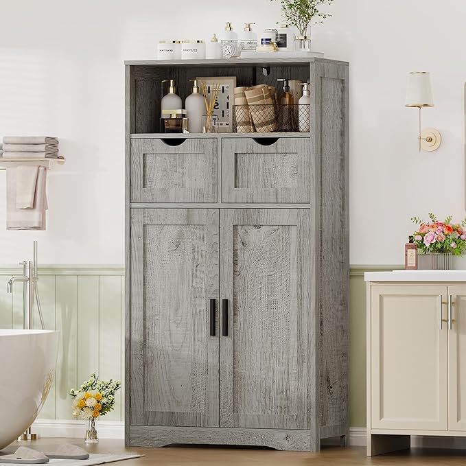 Iwell Storage Cabinet with 2 Drawers & 2 Adjustable Shelves, Kitchen Cabinet, Cupboard, for Living Room, Kitchen, Entryway, Home Office, Grey