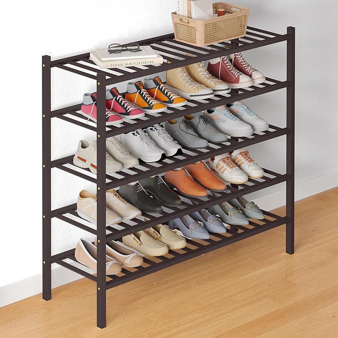 Smiry Bamboo Shoe Rack for Closet, 5 Tier Long Wooden Shoe Organizer, Stackable Wood Shoe Storage Shelf for Entryway, 14 Vertical Slats, 2+3 Stack Heavy-Duty Legs, 33.86"x11.02"x31.3", Brown