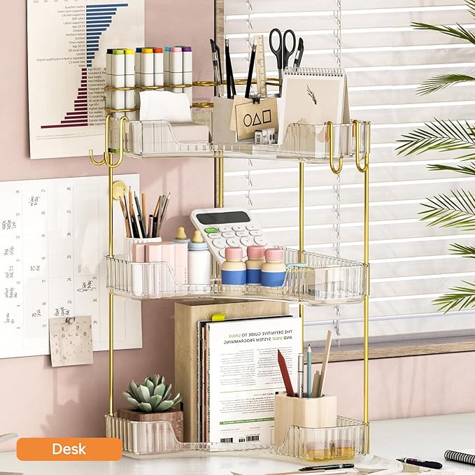 3-Tier Corner Bathroom Counter Organizer，Makeup & Skincare Shelf with Built-in Brush Holder，Space-Saving Bathroom Countertop Organizer for Skincare, Perfume, Cosmetics(Clear)