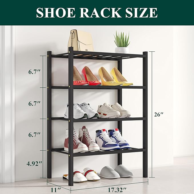 Smiry Small Bamboo Shoe Rack, 4 Tier Free Standing Wooden Shoe Organizer, Stackable Wood Shoe Storage Shelf for Closet, Entryway, 12 Vertical Slats, 2+2 Stack Standard Legs, 17.3"x11"x26", Black