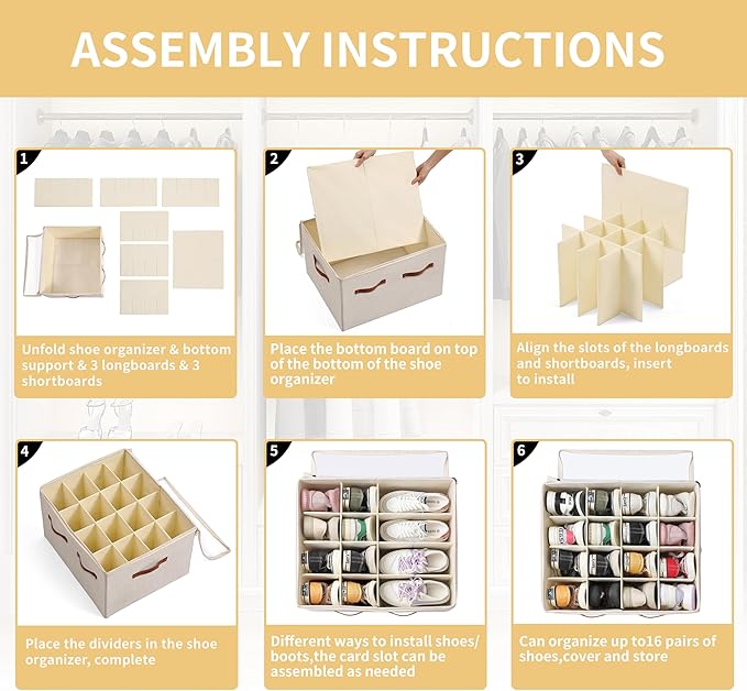 Shoe Organizer for Closet, Foldable Large Shoe Storage Box with Clear Cover, Removable Partitions and Bottom are Supported by Plastic Boards (Beige, 20.5“Lx16.9 Wx13'H)