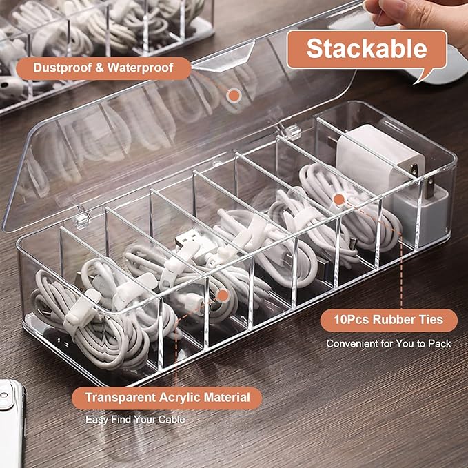 Cable Organizer Storage Box Plastic Cable Cord Management Box Power Cord Organizer Case with 10Pcs Rubber Ties for Office, Home, Desk Accessories Storage Stationery Supplies