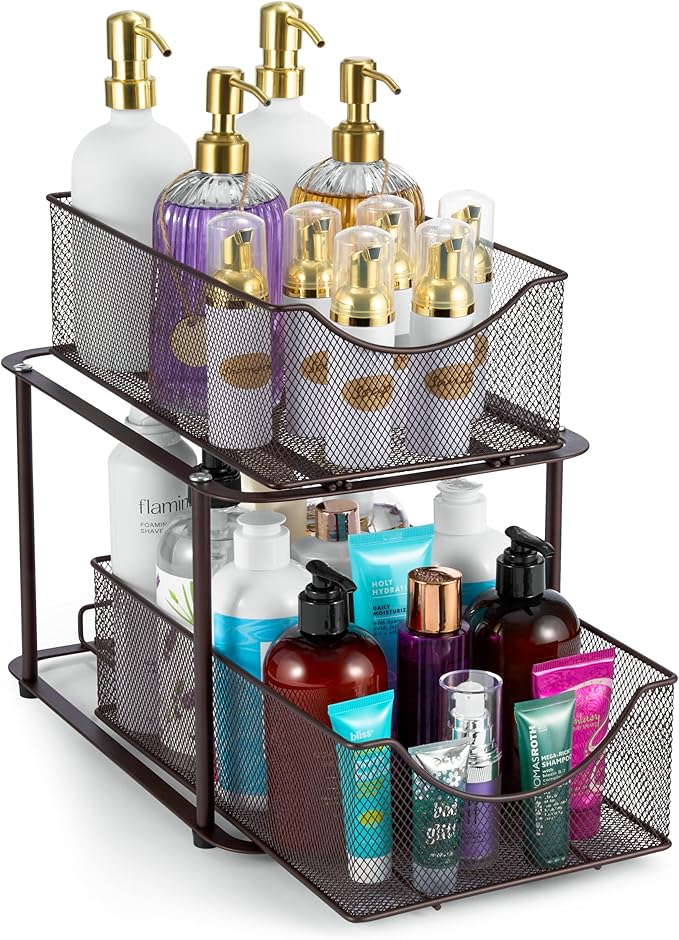 2 Tier Metal Under Sink Organizer for Bathroom, Kitchen, Brown