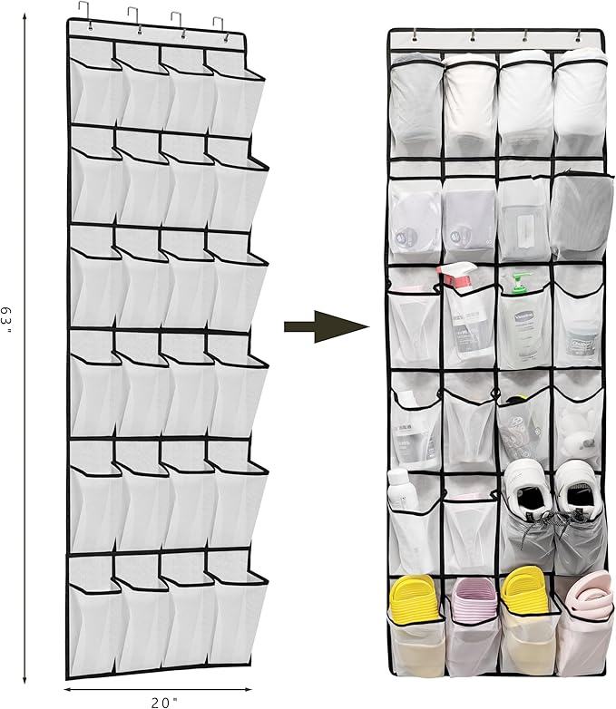 Over The Door Shoe Organizers with 24 Mesh Pockets Shoe Organizer Storage, White