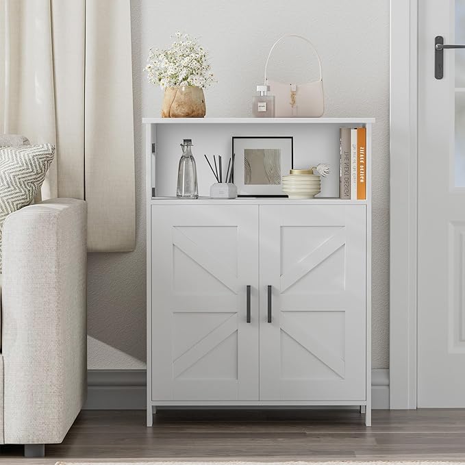 Homhedy Farmhouse Bathroom Storage Cabinet with 2 Doors, Toilet Paper Cabinet with Adjustable Shelf, Small Bathroom Cabinet for Kitchen/Laundry/Living Room, 11.8 x 23.6 x 31.5 Inches, White