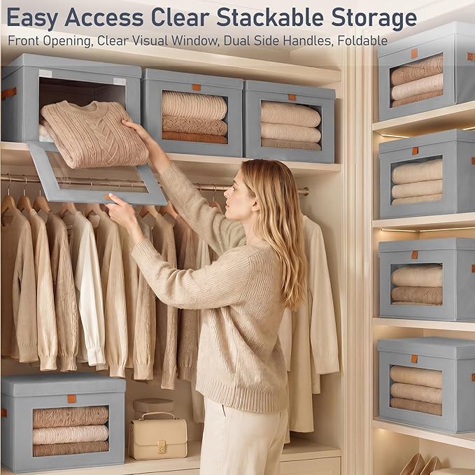 DIMJ Storage Bins with Lids - 6 Pack Front Opening Stackable Fabric Storage Boxes with Clear Window & Handles, Collapsible Closet Organizers for Clothes, Sweaters, Shelf Storage, Bedroom, Gray