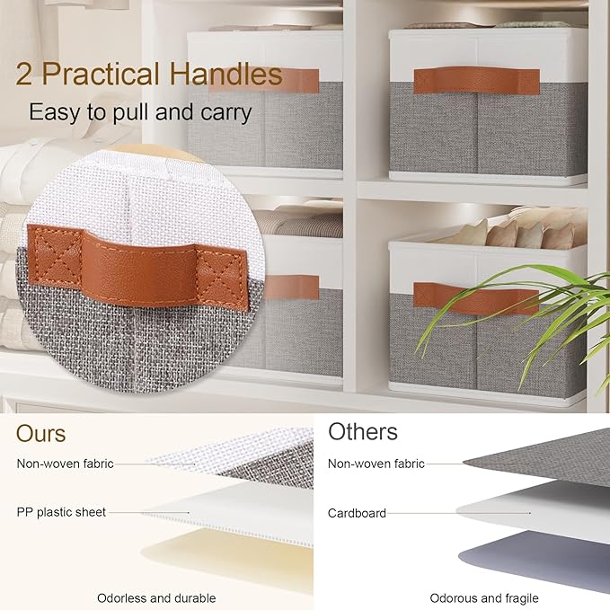 5 Pack Collapsible Storage Baskets, Fabric Foldable Storage Cubes for Organizing, Clothes Organizer Boxes with Handles, White and Gray, 15 x 6 x 5 Inch