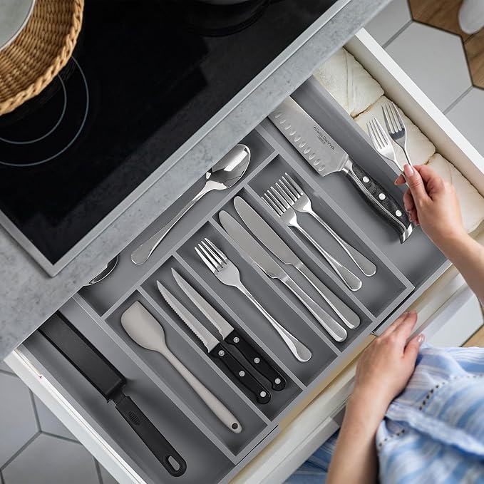 Large Premium Bamboo Silverware Organizer, Grey