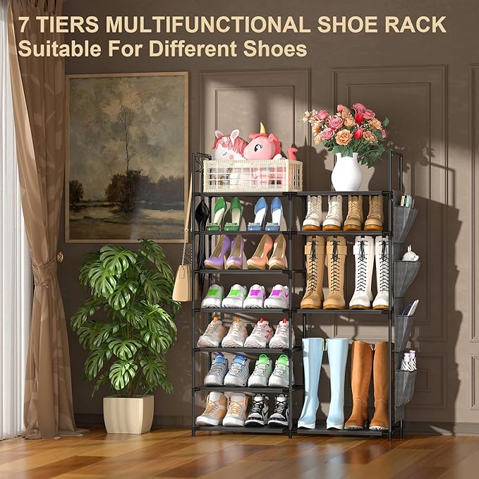 Kottwca 7 Tiers Shoe Rack Metal Shoe Organizer for Entryway Closet, 24-28 Pairs Stackable Shoe and Boots Shelf Storage Cabinet with Hooks and Side Hanging Pockets for Bedroom, Garage, Black