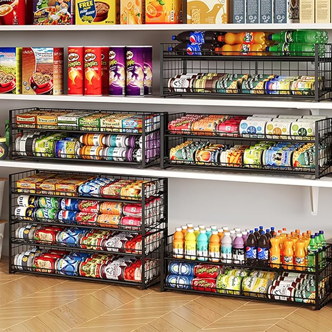 Sbanmao Extra-Long 2-Tier Stackable Can Organizer for Pantry, Sturdy Can Holder for Canned Soup Food Goods Storage up to 64 Cans, Black