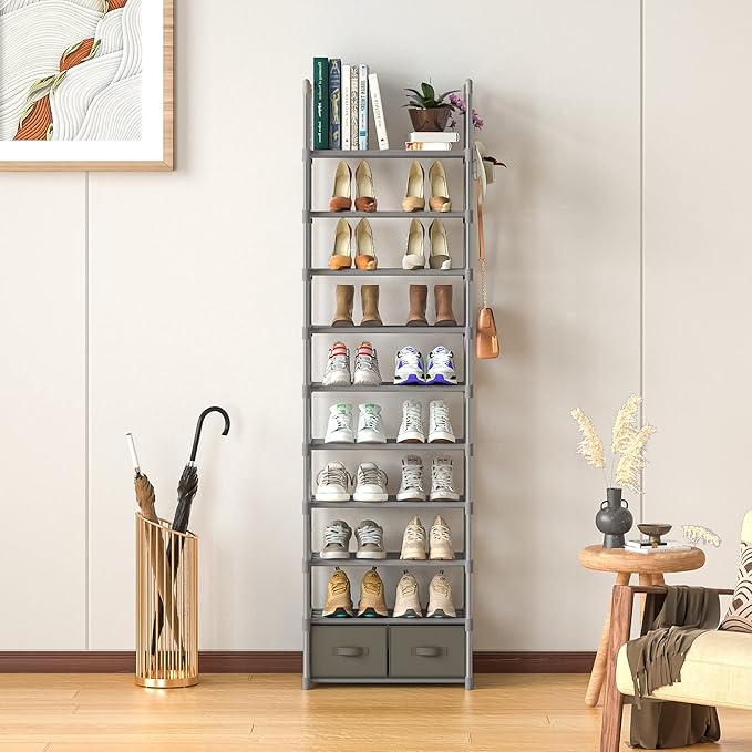 OYREL Shoe Rack, Sturdy Metal Shoes Rack Organizer,Narrow Shoe Rack,Shoe Racks for Closets,Shoes Rack,Shoe Stand,Shoe Shelf (10 Tier with 2 Boxes and 1 Hook)