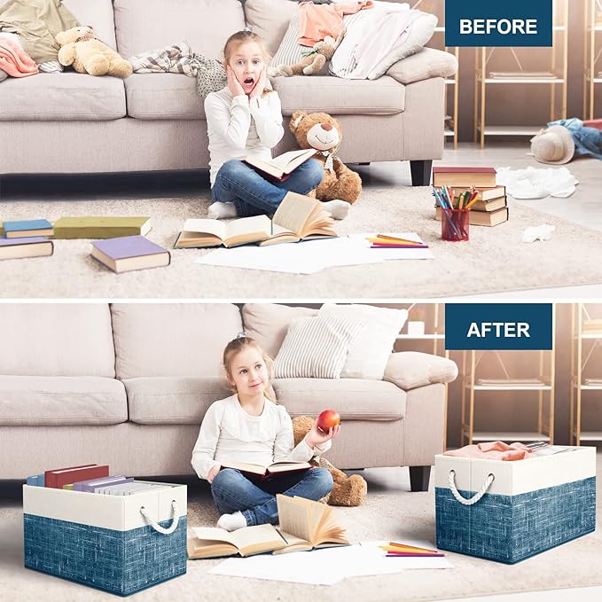 Fab totes Storage Bins 2-Pack, Foldable Storage Baskets for Organizing Toys, Books, Shelves, Closet, Large Storage Box with Rope Handles, Sturdy Organizer Bins, White & Blue