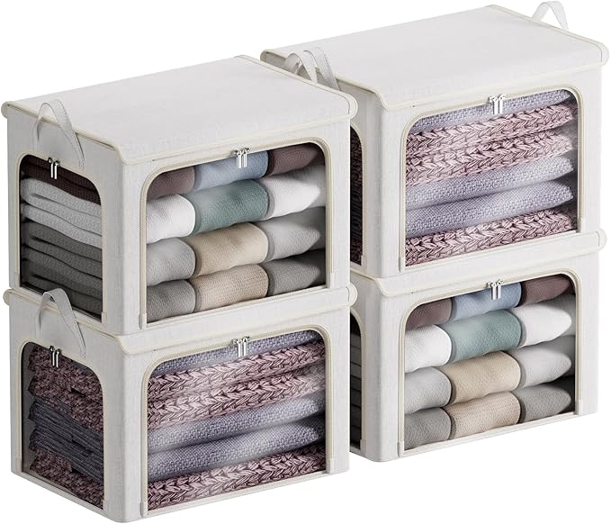 4 Pack Clothes Storage Bins with Metal Frame - 66L Stackable Storage Box with Lid，Foldable Storage Container Organizer for Clothes，Linen Fabric Storage Box with Clear Window＆Zippers＆Handles