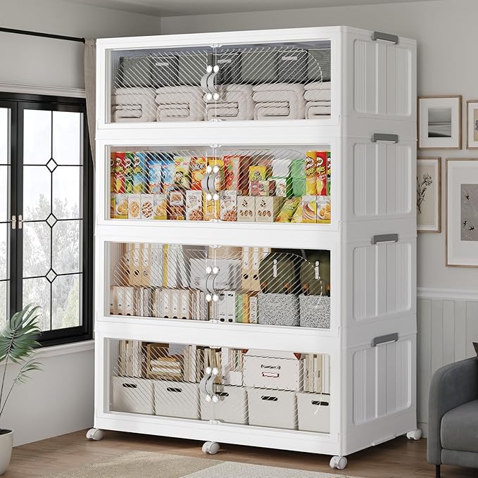 240Gal/960QT 4-Tiers Extra Large Stackable Storage Bins with Lid, Collapsible Cabinet Closet Organizer Plastic Container Box with Wheels Doors Drawers for Office Dorm Kitchen, White