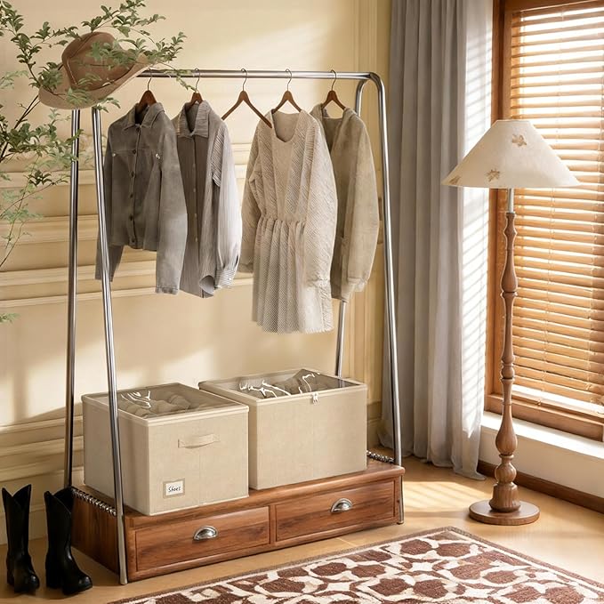 Shoe Organizer for Closet, 2 Pack Foldable Shoe Storage Box with Clear Cover and Adjustable Dividers, Stackable Storage Bins for Boots, Fits up to 32 Pairs (Beige, 19.7 × 15.7 × 12.6 in)
