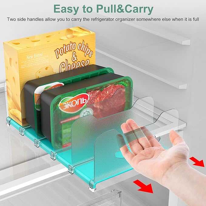 SURETIVIAN Freezer Organizer 12” Visible Fridge Organizer Rack with Removable Dividers and Handles, Freely Adjustable, Fits Refrigerator Frozen Meals, Lunch Meat Box, Cheeses (Mint Green)