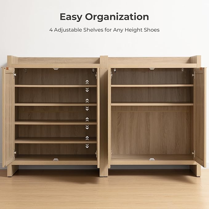 SICOTAS Shoe Cabinet, 24 Pair Shoe Storage Organizer Cabinet, 41" Tall Rattan Shoe Cabinet with Doors and Shelves, 6-Tier Farmhouse Boho Wooden Storage Cabinet for Entryway Hallway Closet, Light Oak