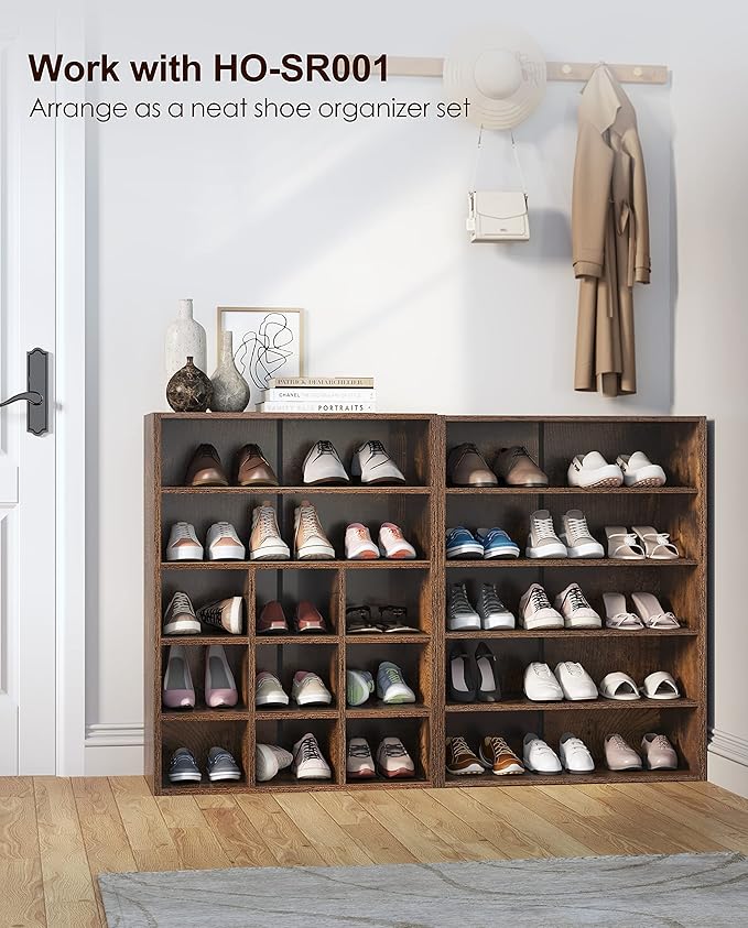 HAIOOU Shoe Rack, 9-Cube Stackable Wood Shoe Cubby Organizer 5-Tier Freestanding Wooden Shoe Stand with 2 Storage Shelf for 10-15 Pairs, Ideal for Apartment, Entryway, Closet Organization - Rustic