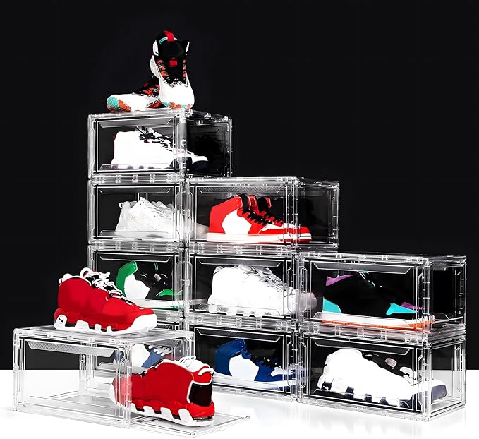 12 Pack Acrylic Clear Shoe Boxes– Ultra Clear Plastic Stackable Sneaker Storage For Sneakerhead. Professional Grade Shoe Display Case with Magnetic Door .Boots and Hat Organizer.Fits US Size 15