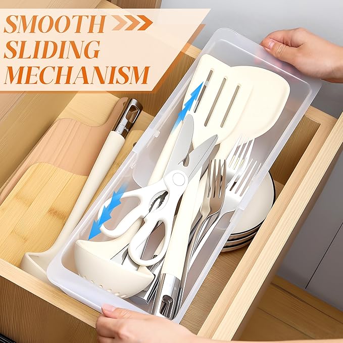1 Pack Deep Drawer Organizer Bins, Adjustable Sliding Drawer Organizer Bin Expandable Tray for Kitchen Utensils, BBQ Tools, Towels, Durable Plastic Sliding for Easy Storage (12.4" to 18”)