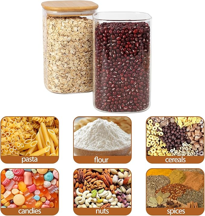 6 Pack 1.2qt Square Glass Storage Containers with Bamboo Press Lids