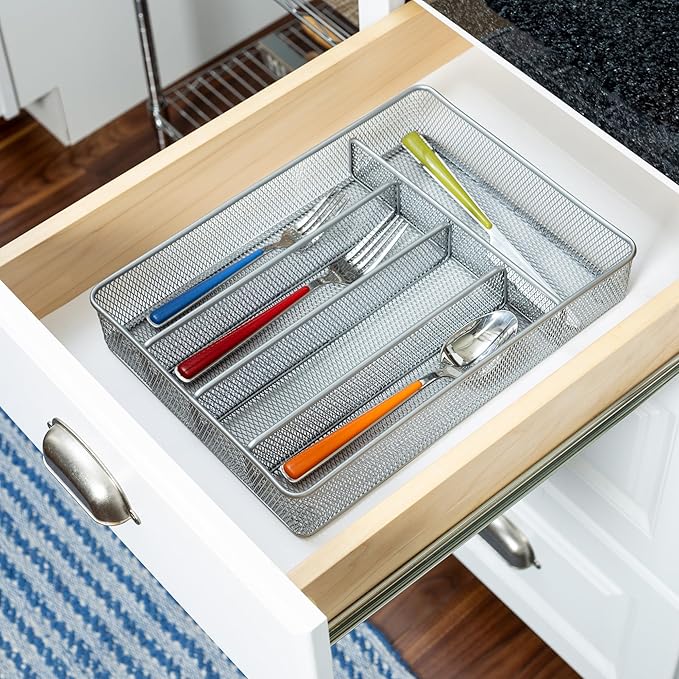KCH-02154 Steel Mesh 5-Compartment Cutlery Utensil Organizer, Silver