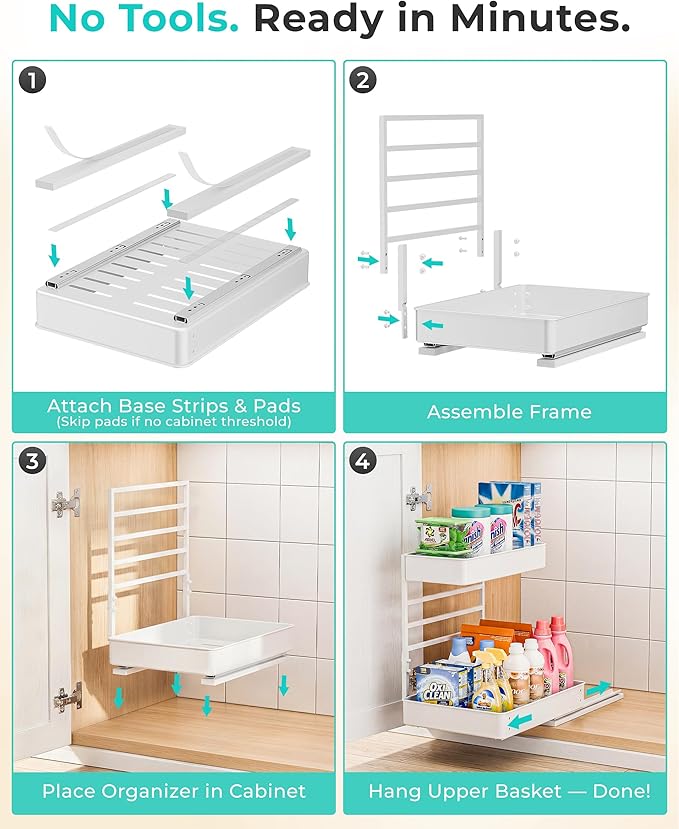 EVERIE Height Adjustable 2 Tier Metal Pull Out Slide Shelf Organizer for Framed or Frameless Under Sink Cabinets in Kitchen, Bathroom, with Snap-on Top Tray (White, 2 Sets)