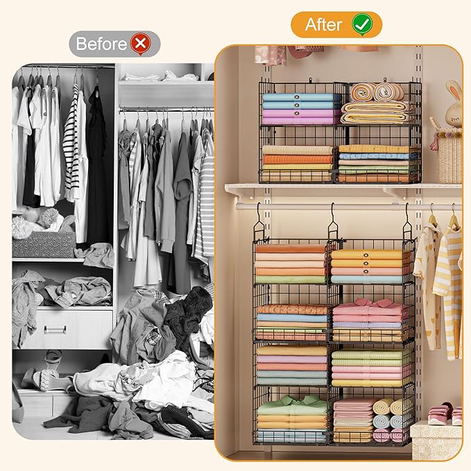 Hanging Closet Organizer with DIY Spacing, Double-Row Closet Hanging Shelves with 4 Adjustable Dividers & 6 Hooks, Heavy Duty Metal Closet Storage Organizer with Front Guard, Split into 2 Units