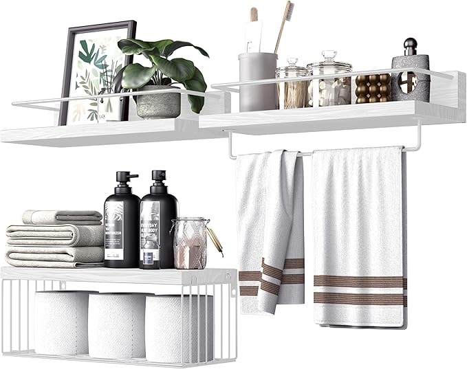 PopiShelves Bathroom Shelves Over Toilet for Wall, Floating Shelves with Storage Basket Paper Holer for Kitchen Living Room, Bedroom & Classroom, Set of 3 (White)