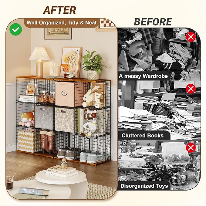 6-Cube Tall Closet Organizer Storage Wire Basket Shelf with Wood Top for Wardrobe Bedroom Closet Systeem, Stackable Sturdy Space-saving Clothing Shelves for Clothes, Sweaters, Pants, Handbags, Shoes