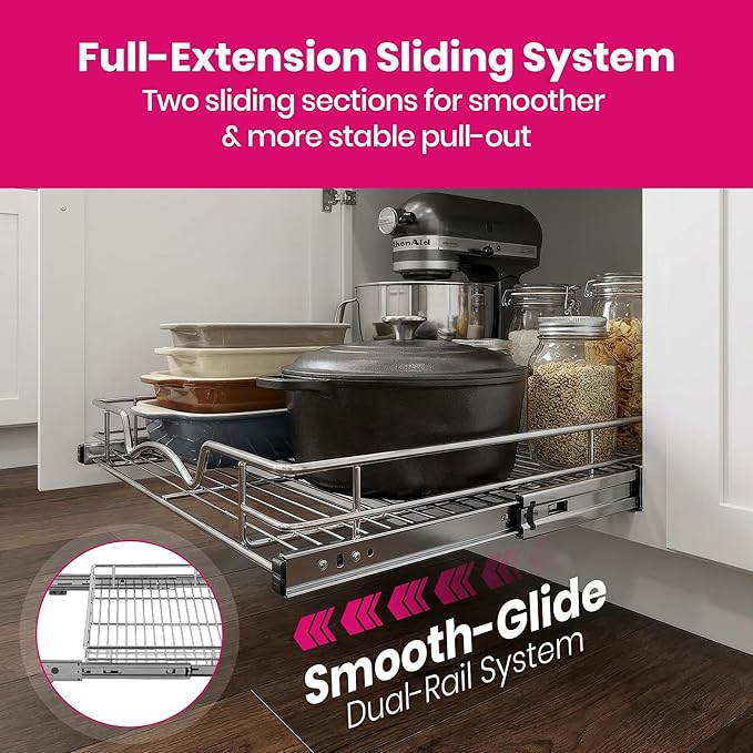 HOLDN’ STORAGE Pull Out Cabinet Organizer, Heavy Duty Caddy w/Lifetime Limited Warranty -22”W x 21”D - Requires At Least 23-1/4” Cabinet Opening, Steel Metal Cabinet Drawers Slide Out, Chrome
