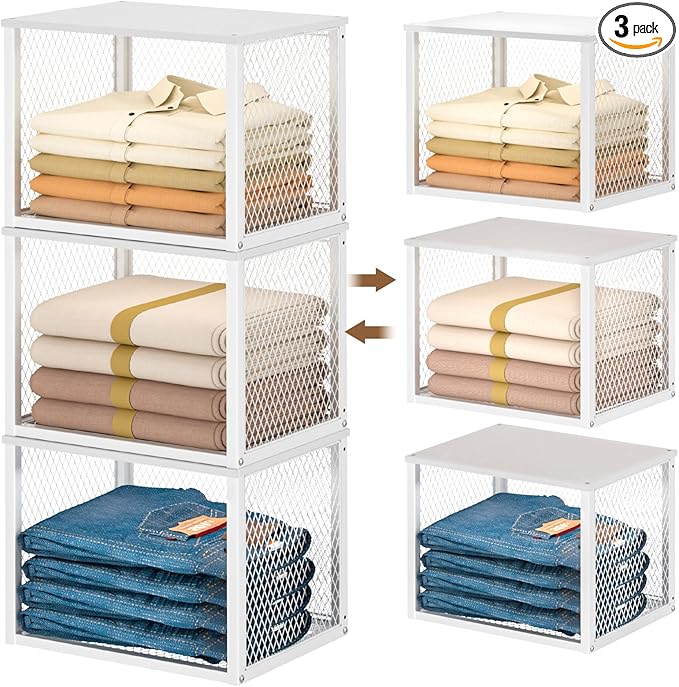 3 Pack Stackable Closet Organizers and Storage Basket, Closet Shelves with Wood Top Extra Storage, Multifunctional Clothes Organizer Bins/Cube Storage Drawer for Wardrobe Kitchen Laundry Room, White