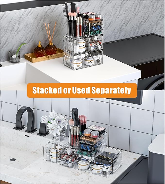 3 Pack Clear Acrylic Makeup Organizer for Vanity With 9 Drawer