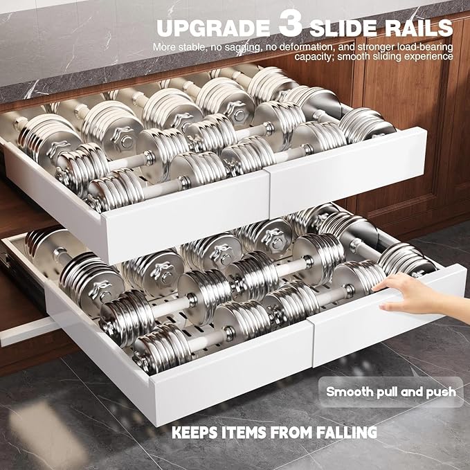 Seinloes Pull Out Cabinet Organizer,4-Side Expandable to Maximize Cabinet Space,Slide Out Drawers with 3 Rail Design,Roll Out Shelf with Raising Pad for Framed Cabinet,15"-25"W x 17"-24"D,White,2 Pack