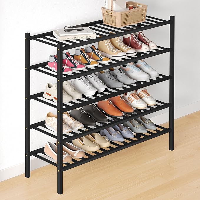 Smiry Bamboo Shoe Rack for Closet, 5 Tier Long Wooden Shoe Organizer, Stackable Wood Shoe Storage Shelf for Entryway, 14 Vertical Slats, 2+3 Stack Heavy-Duty Legs, 33.86"x11.02"x31.3", Black
