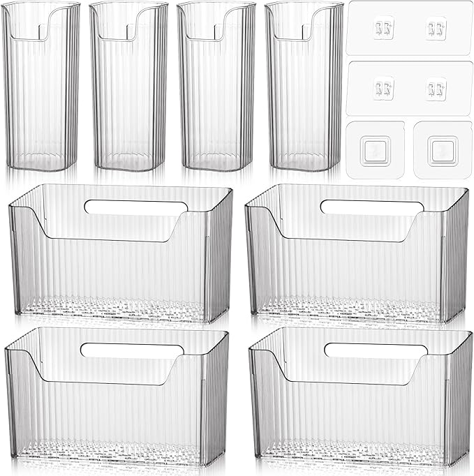 SiliFine 8 Pcs Storage Organizer Bins Wall Mounted Organizer Basket Plastic Cabinet Door Bins Stackable Hanging Baskets for Organizing for Wall Refrigerator Kitchen Bathroom Pantry(3.35'',White)
