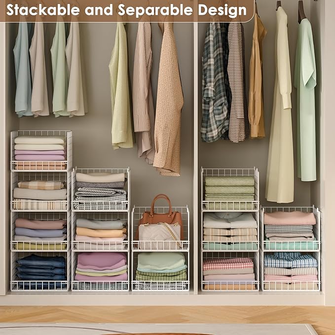5-Tier Stackable Closet Organizers and Storage Baskets, Closet Shelf Organizer, Space-Saving closet organizer system, Foldable Clothes Storage Bins for Closet Organizer System, White(Patent 30022416)