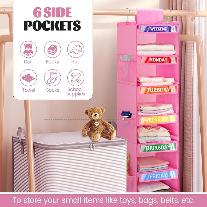 2 Pack 6-Shelf Weekly Clothes Organizer for Kids, Pink
