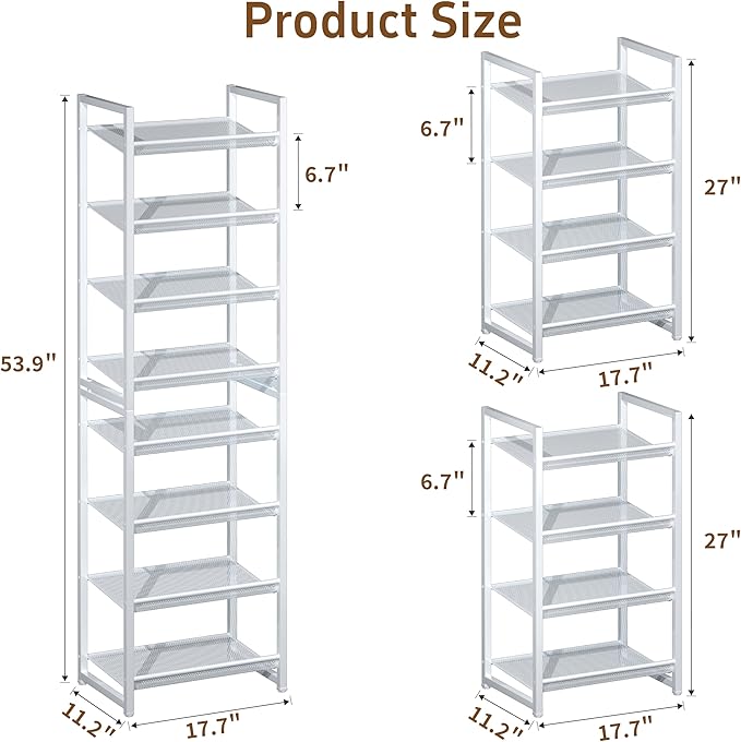 8 Tier Narrow Shoe Rack, Stackable Metal Shoe Storage, Holds 16-20 Pairs, Vertical Shoe Organizer for Garage Closet Entryway, White