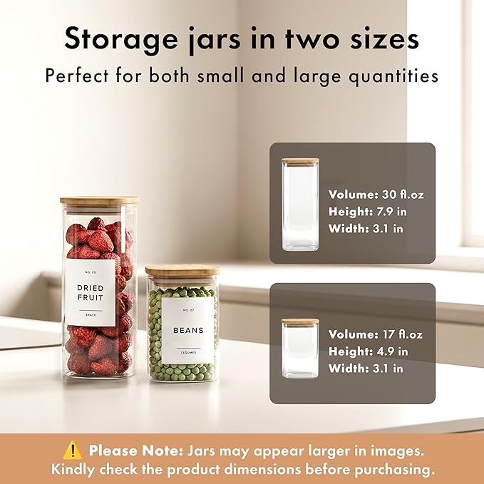 EDELHAUS Square Glass Storage Containers with Bamboo Lids 12-Pack (4x 30 oz, 8x 17 oz) Airtight Glass Storage Jars with Lids for Food, Stackable Glass Kitchen Canisters with 114 Labels for Pantry