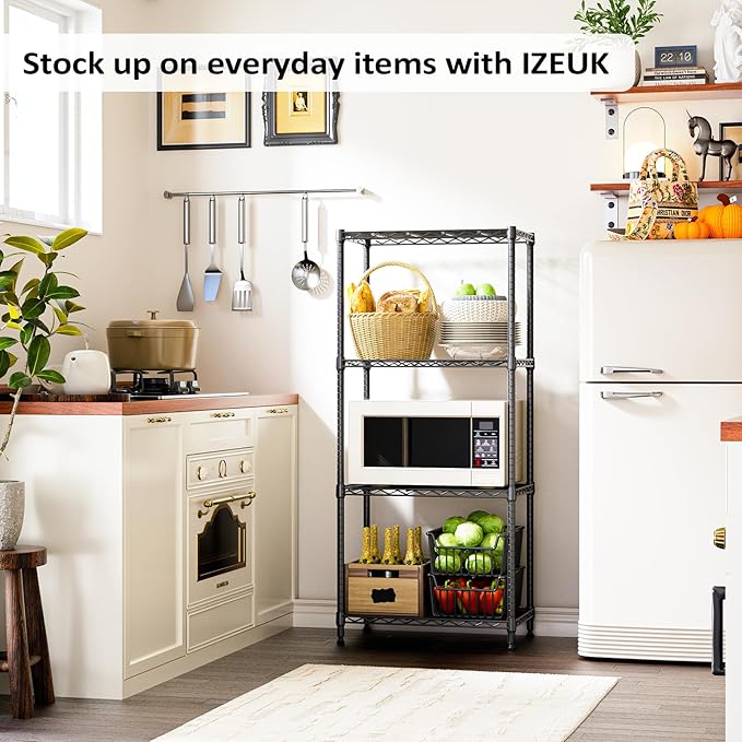 IZEUK | 4-Tier Metal Wire Storage Shelves | 13.7 x 23.6X 53.4 | Black | with Adjustable Racks | Steel Shelf |Holds Up to 1000 lbs |No-Tool Assembly | Ideal for Home & Garage Shelving