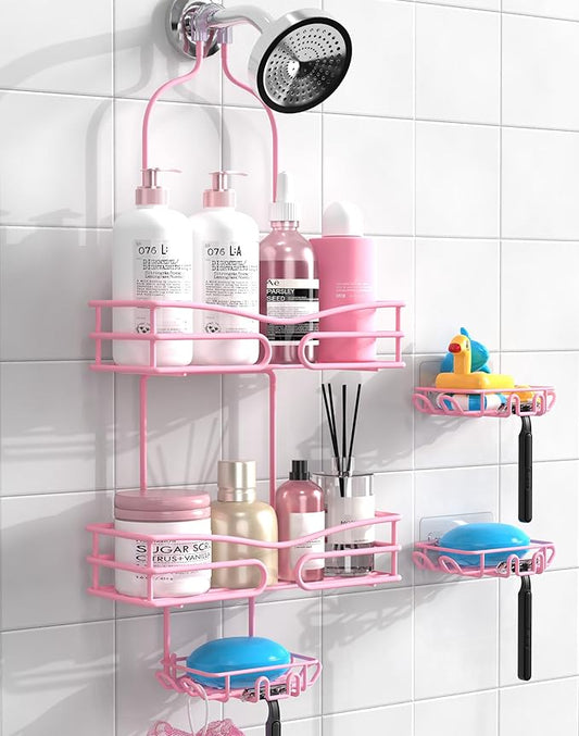 Over the Shower Head Caddy Pink, Shower Caddy Hanging with 3 Soap Holders