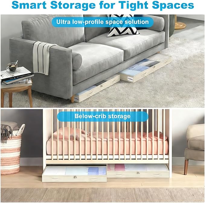 4 Inch Low Profile Under Bed Storage Drawer 2 Pack, Lightweight Underbed Clothes Storage Container Bins With NO STURCTURE, Shallow Storage Bag for Dorm & Home, With Clear Lids & Water-Resistant Fabric