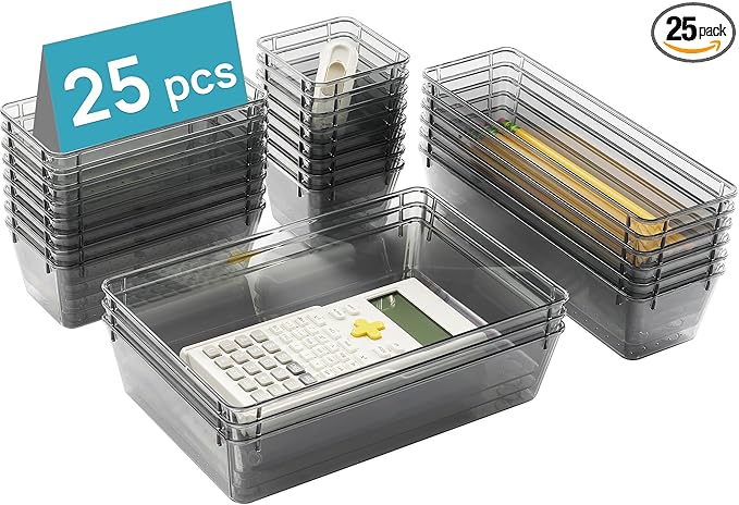 Vtopmart 25 PCS Office Desk Drawer Organizers Set, 4-Size Versatile Plastic Drawer Organizer Trays, Storage Bins for Desk Accessories Office Organizers and Storage, Bathroom, Makeup, Vanity