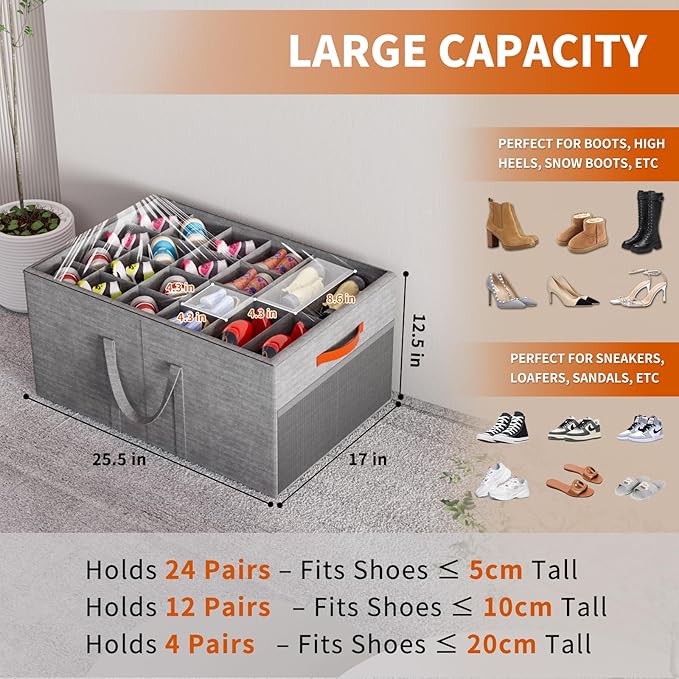 Aokeyee 2 Pack Shoe Organizer for Closet, Large Shoe Storage Box Fits up to 48 Pairs, Space Saving Foldable Shoes Organizer Bin w/Clear Cover and 4 Reinforced Handles, Grey