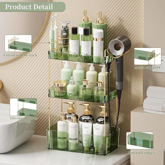 Bathroom Counter Organizer, Large Makeup Organizer Countertop, 3 Tiers Green