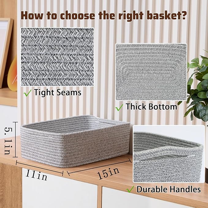 MiniArk Large Shallow Organizing Baskets 15x11x5.1 Inches - Rope Woven Storage Bins for Bathroom, Shelves, Cube Closet, Mixed Grey 2 Packs