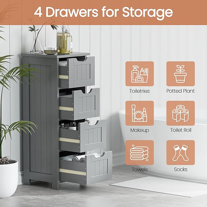 Bathroom Floor Storage Cabinet, Freestanding Wooden Side Organizer w/4 Drawers & Anti-Tip Kit for Bathroom Living Room Hallway Office Study, Grey