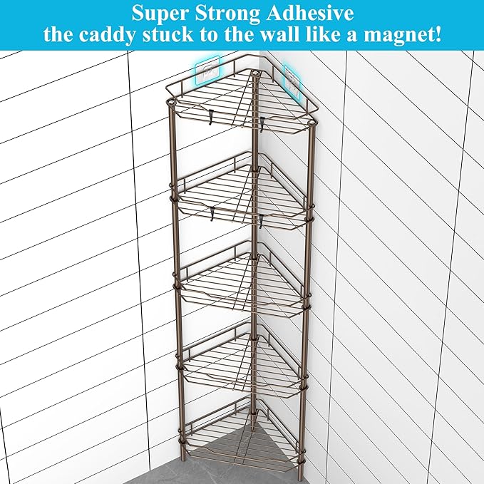 5 Tier Floor Standing Corner Shower Caddy Organizer Shelf with Hooks, Bronze