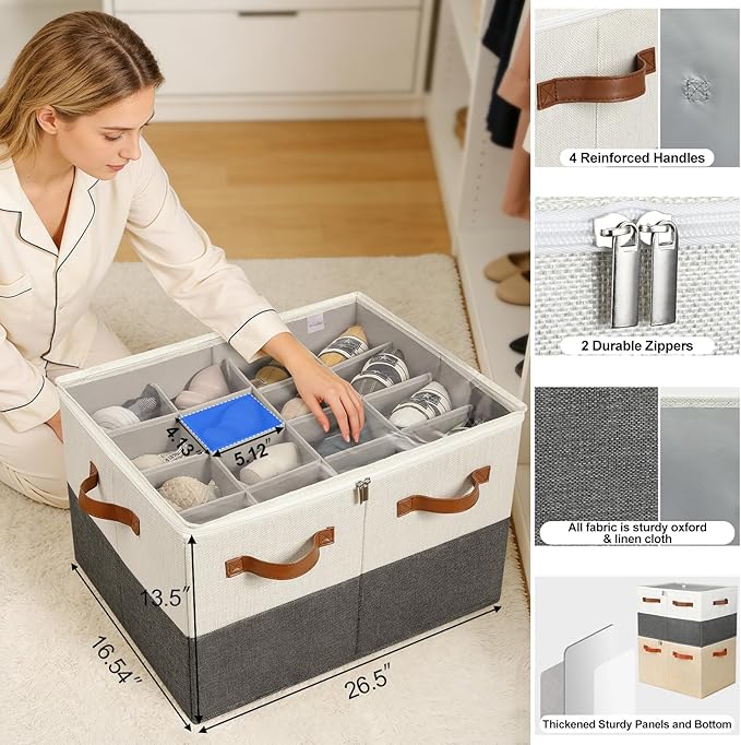 TOPIA HOME Shoe Organizer for Closet 2 Pack, Foldable Shoe Box with Adjustable Dividers and Clear Cover, Space Saving Shoe Storage Organizer Cabinet with Reinforced Handles, Fits 32 Pairs TP12WG